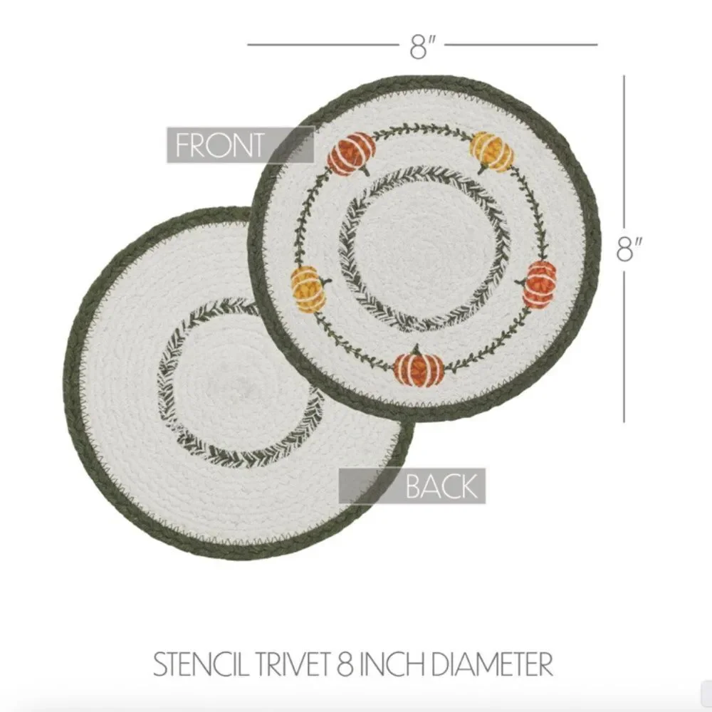 Autumn Harvest Pumpkin Stencil Jute Braided Trivet 8 inch Round Kitchen Table